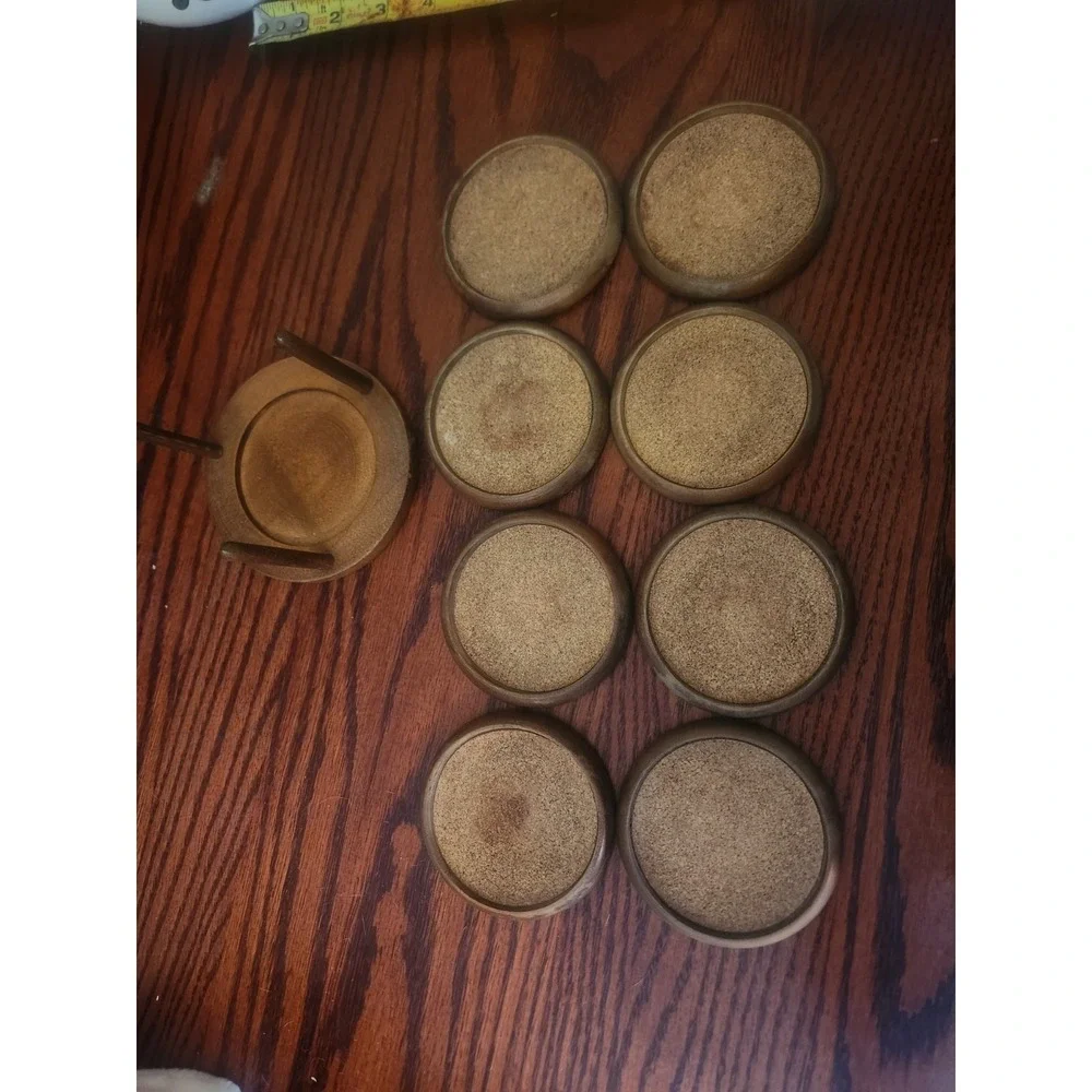 Set of 8 Vintage Wooden Coasters with Container Holder Kitchy Farmhouse‎